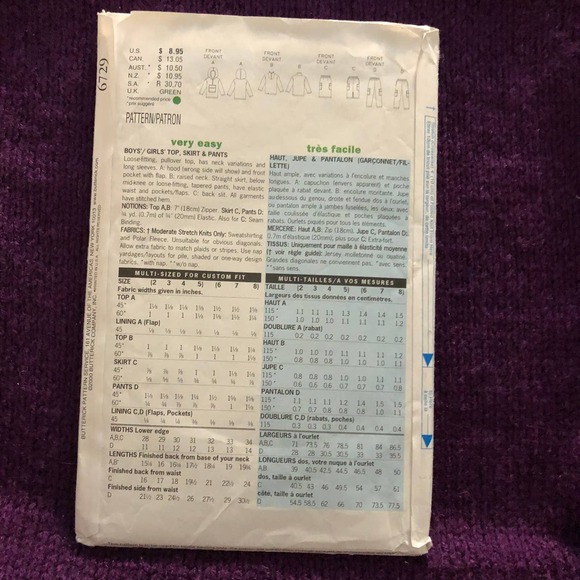 Butterick Sewing pattern 6729 Childrens sweatshirt hoodie skirt pants sz 6 7 8 - Picture 3 of 8